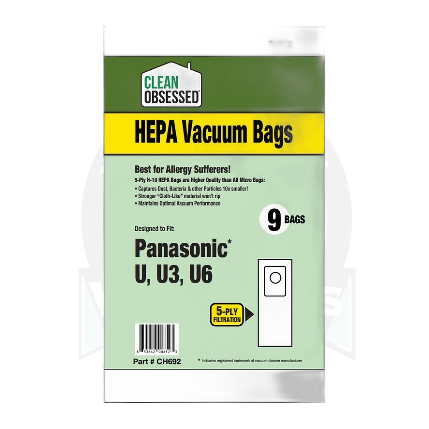 Clean Obsessed HEPA Bags for Panasonic Type U, U3, U6 (9-Pack)