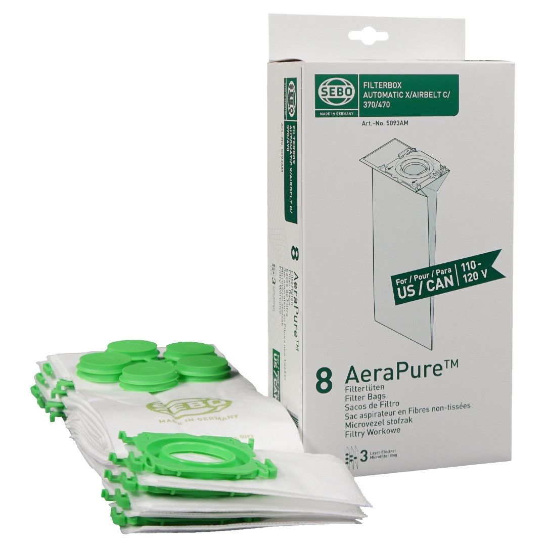 Genuine SEBO X/G/C/370 vacuum bags with 8 bags; individual box shown from an 8-box case