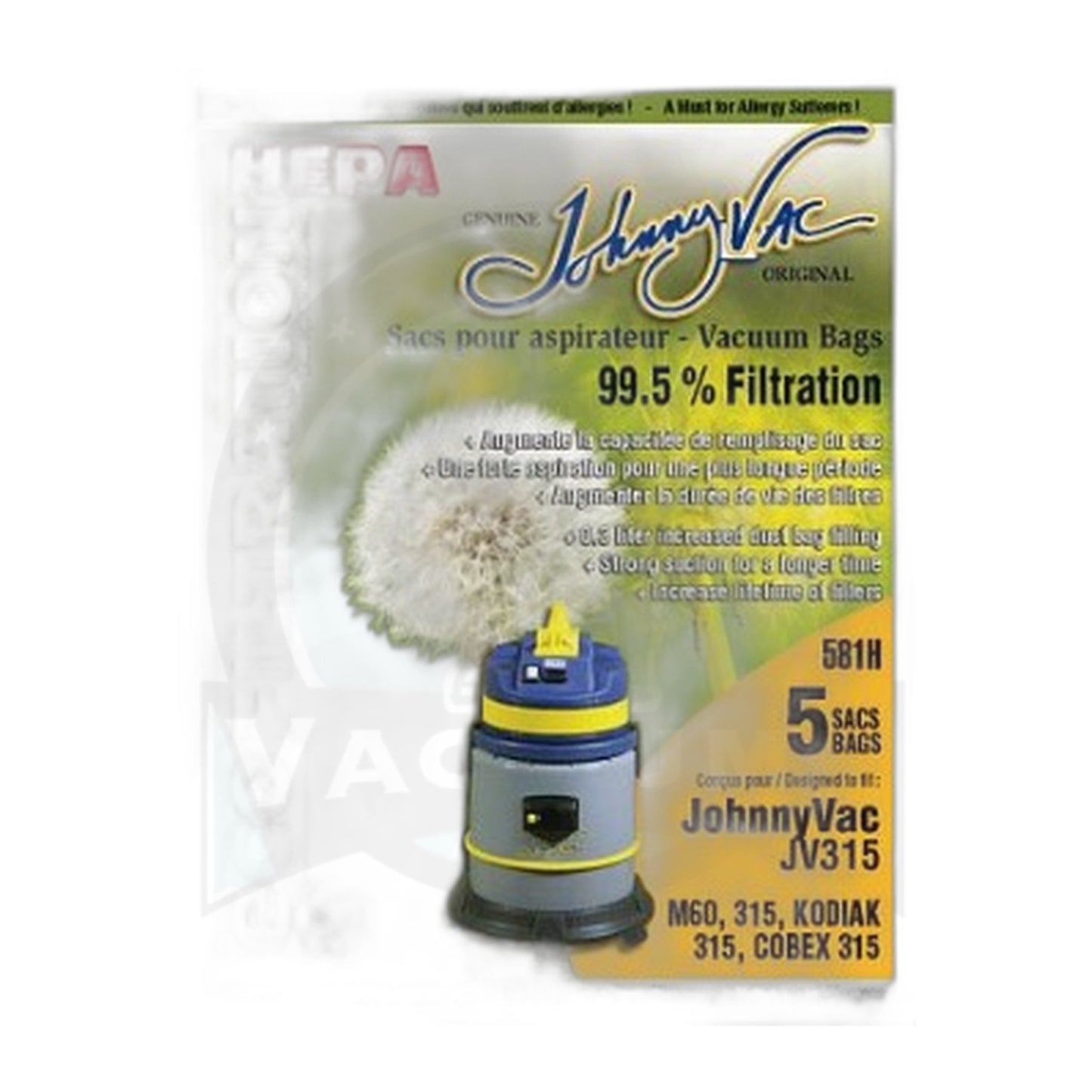 Johnny Vac HEPA Microfilter Bags for JV315, Kodiac 315, Cobex 315, M60 (5-Pack)