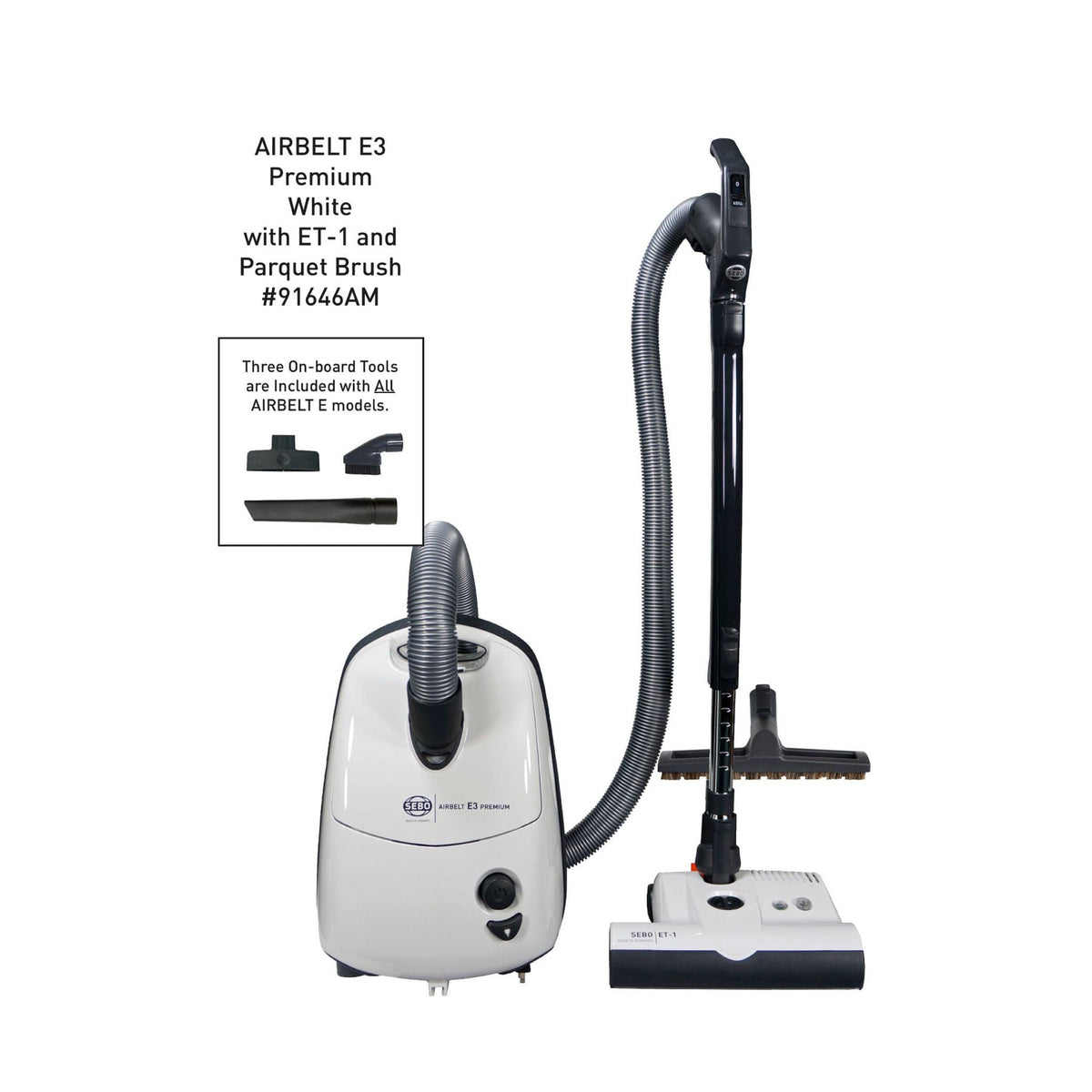 SEBO AIRBELT E1 Kombi Canister Vacuum with Combination Floor Nozzle (White)