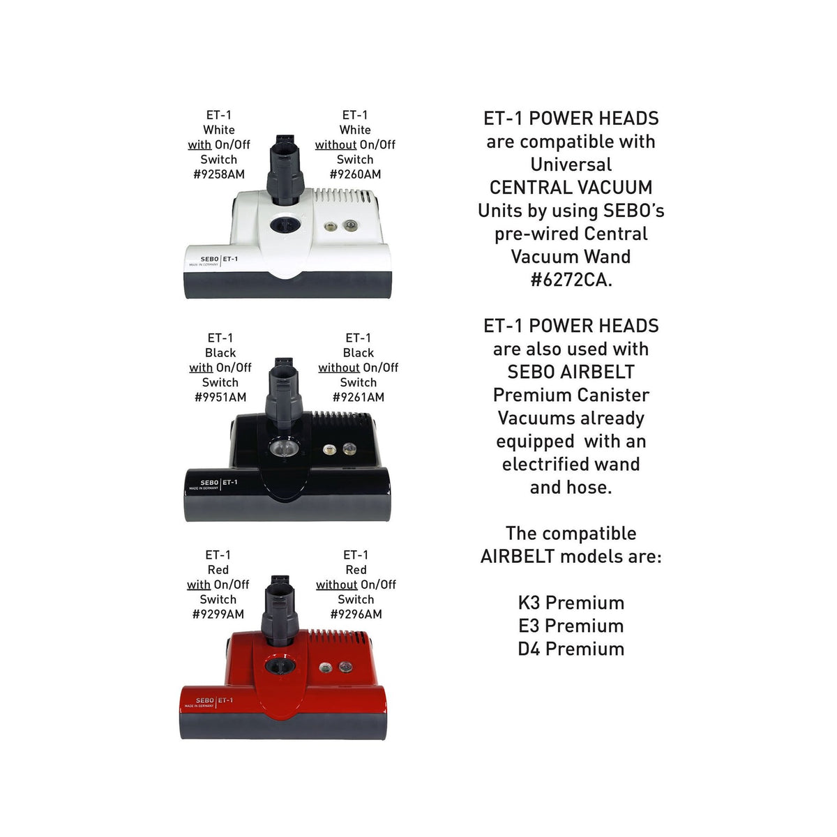 SEBO ET-2 Power Head without On/Off Switch for Central Vacuum Systems — Black