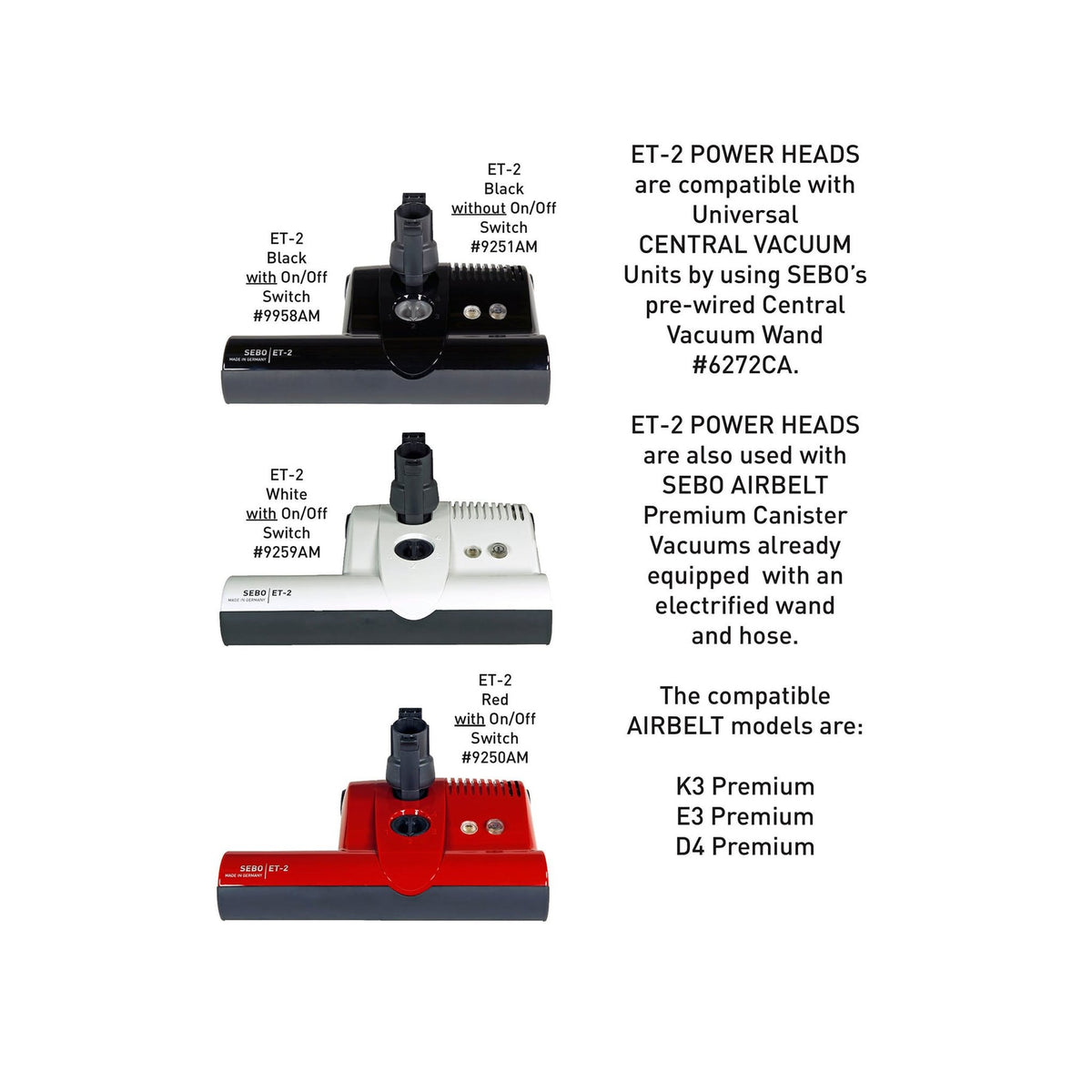 SEBO ET-2 Power Head without On/Off Switch for Central Vacuum Systems — Black