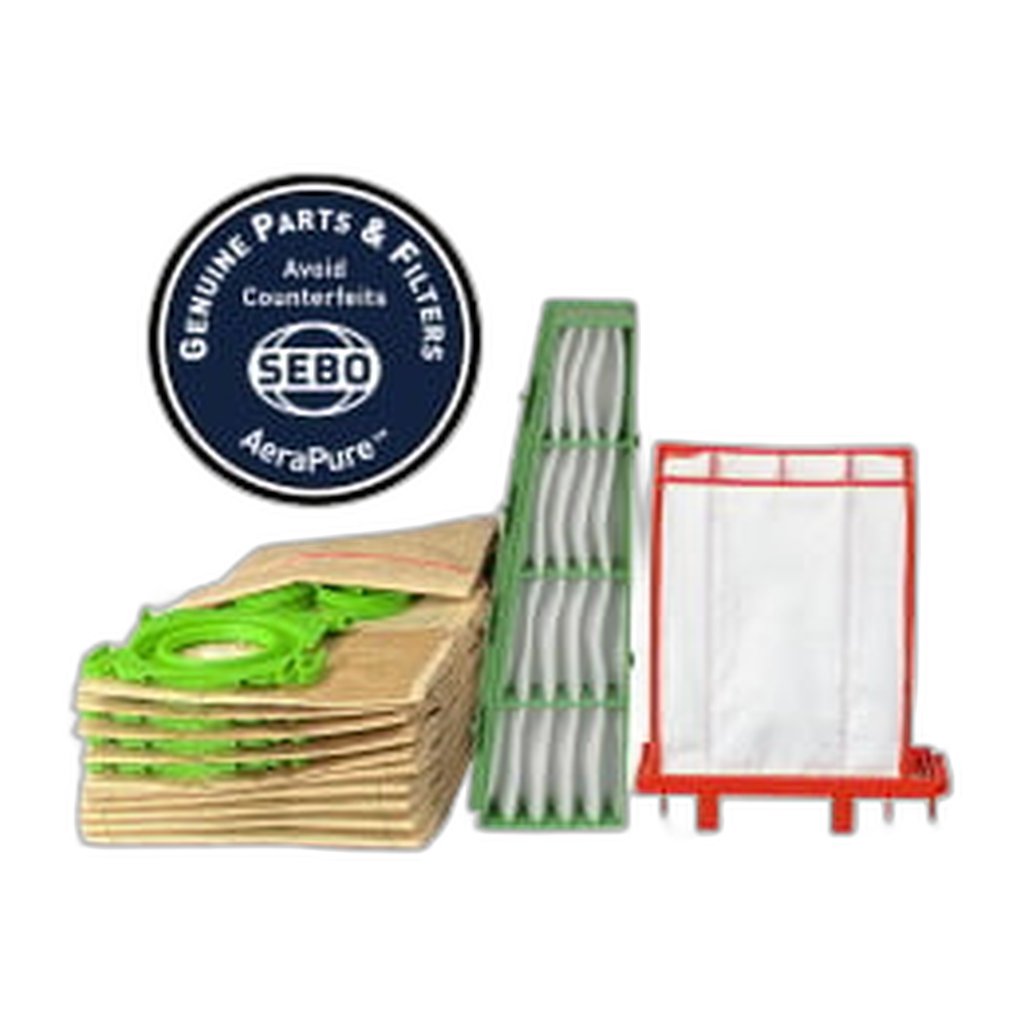 SEBO 6198AM service-box contents: ten paper bags, C-series microfilter and exhaust filter