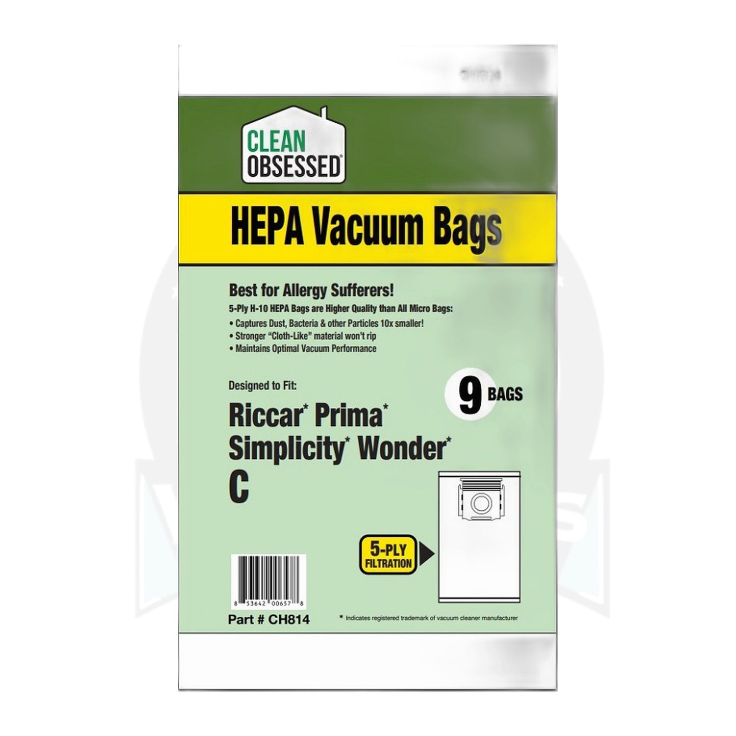 Clean Obsessed Type C Riccar Prima / Simplicity Wonder HEPA Bags, 9-Pack