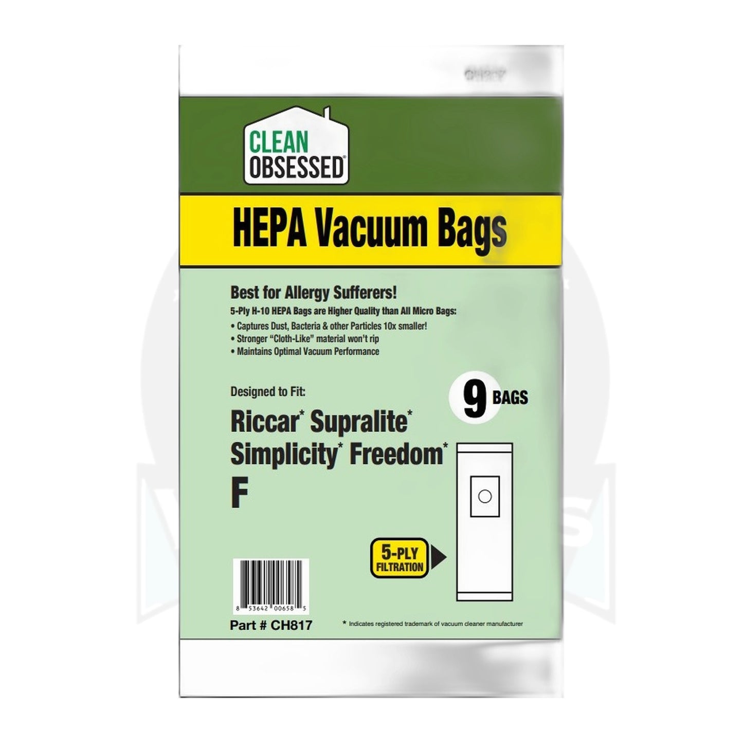 Clean Obsessed Type F Riccar SupraLite / Simplicity Freedom HEPA Bags, 9-Pack