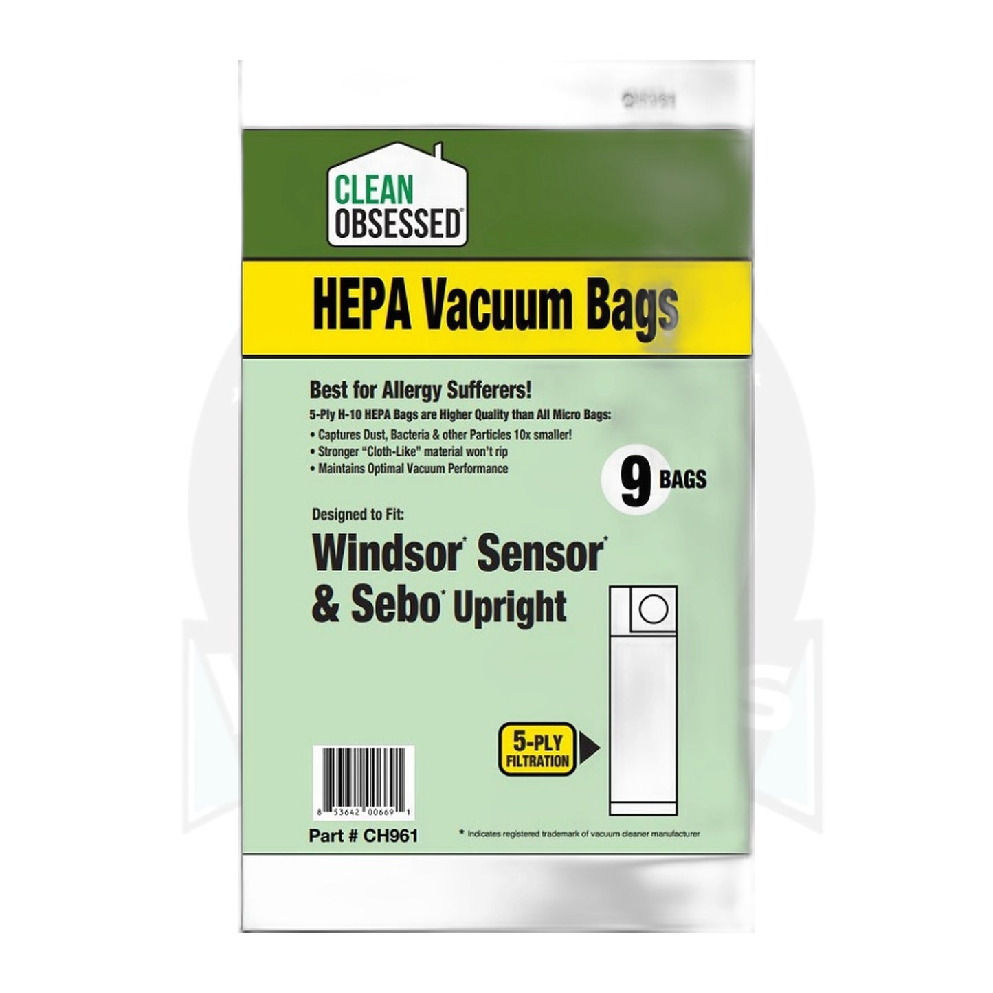 Clean Obsessed HEPA Bags for Windsor Sensor & SEBO Uprights, 9-Pack