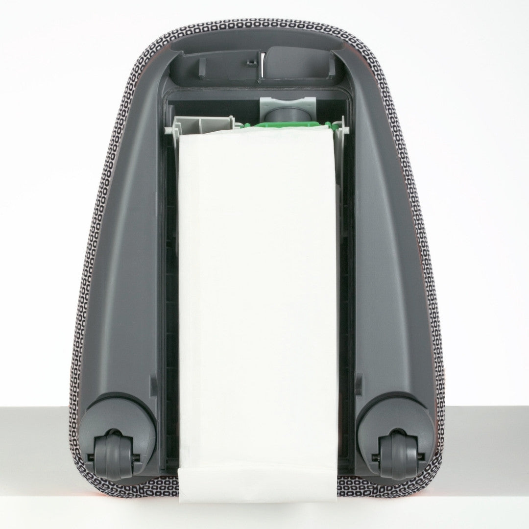 K-series bag installed in a compatible SEBO vacuum; installation example for 6629A2 bags, vacuum not included