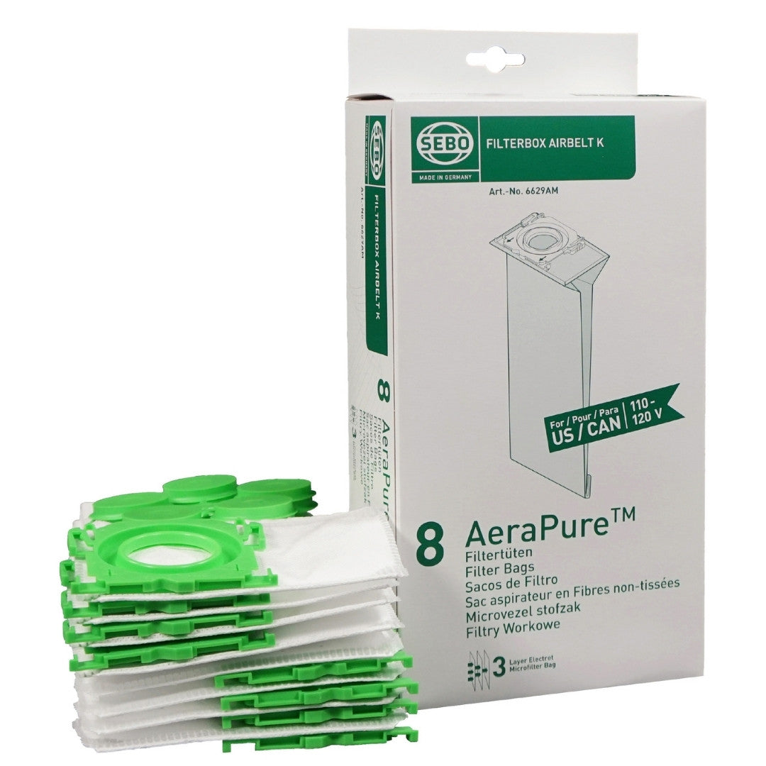 SEBO K-series bags and representative individual box; 6629A2 listing supplies 216 bags total