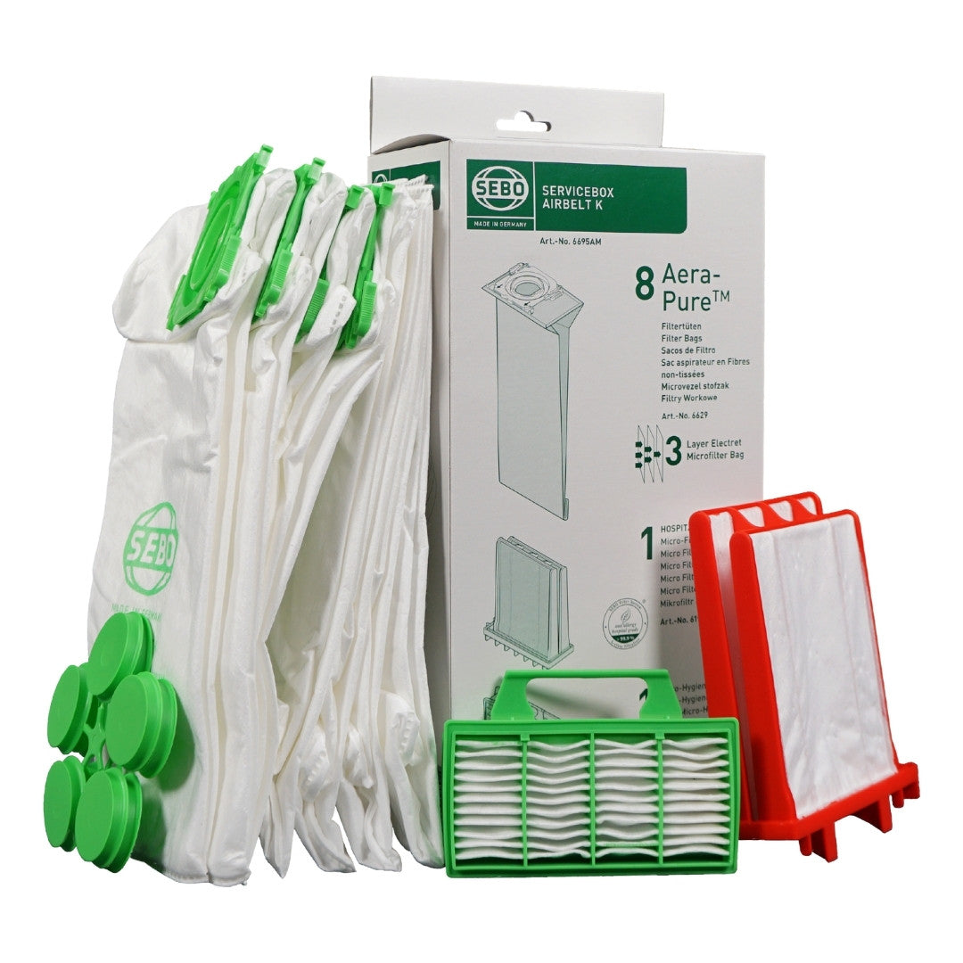 Genuine SEBO K2/K3 service box with 8 bags and filters