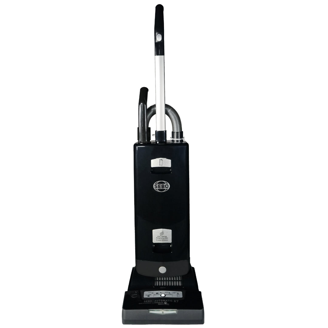 SEBO AUTOMATIC X7 Premium PET black upright vacuum, full front view with headlight and silver bumper