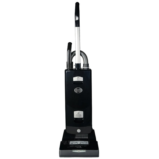 SEBO AUTOMATIC X7 Premium PET black upright vacuum, full front view with headlight and silver bumper
