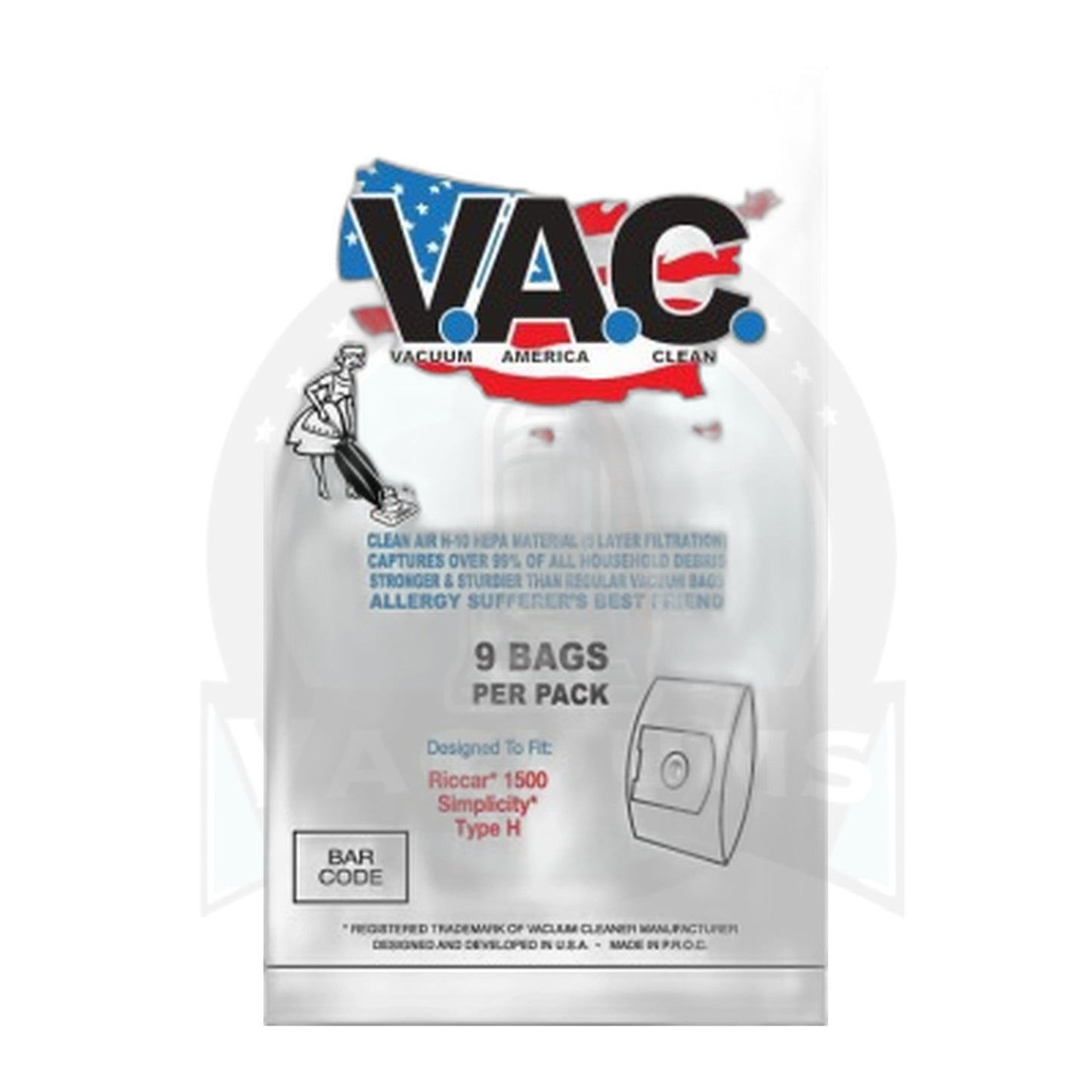 Perfect V.A.C. Type H HEPA Bags for Riccar 1500 & Simplicity, 9-Pack
